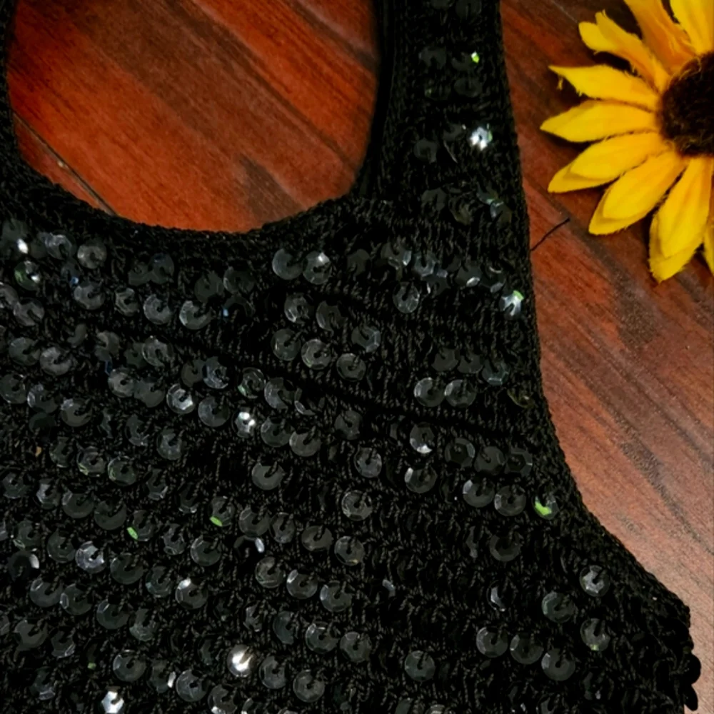 Vintage Y2K Frankie and Johnnie Black Sequin Shoulder Tote Bag.